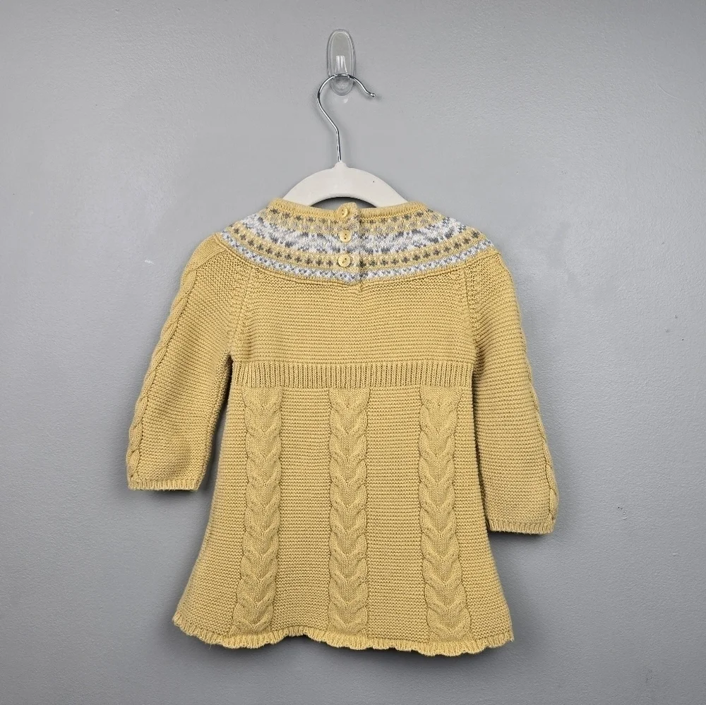 Fair Isle Cable Knit Sweater Dress And Beret Hat Yellow Gray Baby Girl's‎ 6-9 M